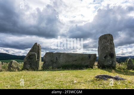 Tomnaverie Recumbent Stone Circle, eine bronzezeitliche historische antike neolithische Denkmalstätte in der Nähe von Tarland, Aberdeenshire, Schottland Stockfoto