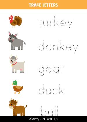 Verfolgen Sie die Namen von niedlichen Cartoon-Tiere auf dem Bauernhof. Handschriftübungen für Kinder im Vorschulalter. Stock Vektor