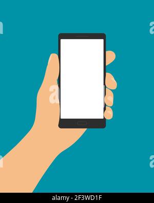 Flache Design-Illustration der männlichen Hand halten in Finger mobil Telefon mit leerem weißen Touchscreen und Platz für Ihr Text.isoliert auf grünem Hintergrund Stock Vektor