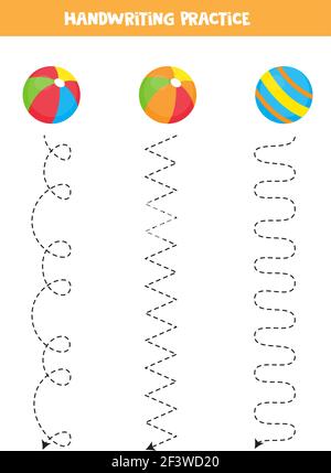Tracing Linien für Kinder mit bunten Kugeln. Handschriftpraxis für Kinder. Stock Vektor