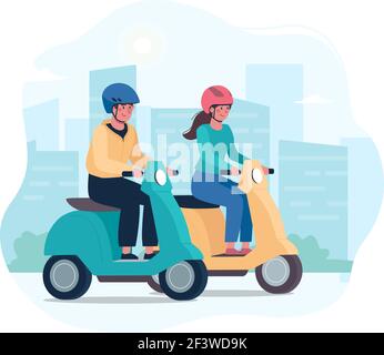 Ein Paar fährt mit modernen Mopeds und trägt Helme. Vektor, flacher Stil. Alternative umweltfreundliche Transport, gesunde Lebensweise. Frau und Mann, Freunde auf Motorrädern Stock Vektor