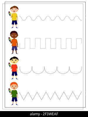 Handschrift Übungsblatt. Pädagogische Kinder s Spiel. Linienverfolgung für Kinder und Kleinkinder. Jungs mit Eis in den Händen von verschiedenen Nationali Stock Vektor