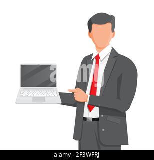 Geschäftsmann mit Laptop und Zeigefinger. Stock Vektor