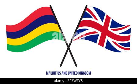 Mauritius und Großbritannien Flaggen gekreuzt und winken Flat Style. Offizieller Anteil. Richtige Farben. Stock Vektor