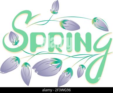 Handgezeichneter Frühlingssigh mit Tulpen, Typografie-Lettering-Poster, sehr zartes Dekor, Vektor. Stock Vektor