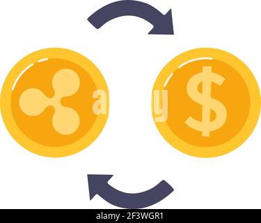 Vektor-Illustration Austausch Wellen Münzen für Dollar. Blockchain-Technologien im digitalen Geld- und Kryptowährungsmarkt. Flacher Stil, isoliert auf weißem Hintergrund. Stock Vektor