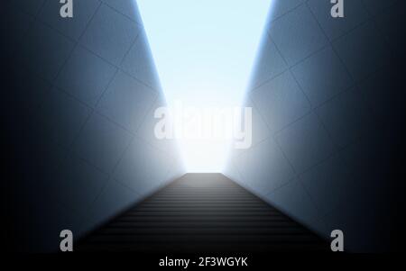 Licht durch eine große Treppe mit riesigen geometrischen Wand. Gebäude. Surreales Konzept, Geschäftswege und Erfolg, Ziel und achienvelnet. Durchgang Stockfoto