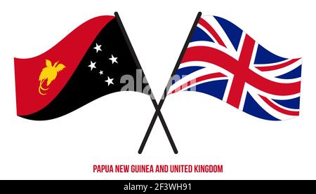 Papua Neuguinea und Großbritannien Flaggen gekreuzt & winken Flat Style. Offizieller Anteil. Richtige Farben. Stock Vektor