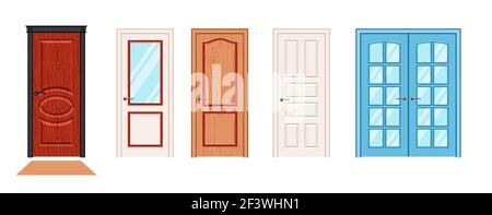 Innen- oder Vordertüren isoliert auf weißem Hintergrund. Fünf Vektortüren in rot, blau, weiß, braun. Türen mit oder ohne Glas. Realistische Vect Stock Vektor