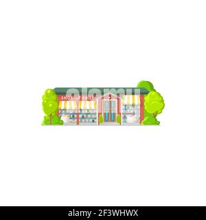 Geschäft Gebäude Fassade außen isoliert Wohnung Cartoon Schuhgeschäft. Vector Fassade von Mode-Showroom mit Stiefeln, High Heel Schuhe, Sneakers für Männer und Stock Vektor