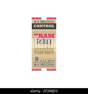 Straßenbahn-Ticket isoliert Modell Vorlage. Vektorkarte aus Papier mit Angabe des Datums, nummerierte Bordkarte. City Urban Rail Transport Coupon, Single Elevate Stock Vektor