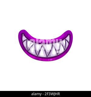 Monster Mund, Vektor gruselige Kiefer lächeln mit scharfen weißen Zähnen und lila Lippen. Cartoon lächelnde Halloween Kreatur auf weißem Hintergrund isoliert Stock Vektor