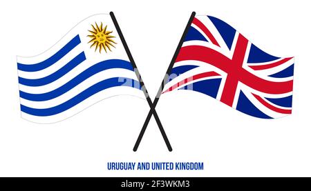 Uruguay und Großbritannien Flaggen gekreuzt und winken Flat Style. Offizieller Anteil. Richtige Farben. Stock Vektor