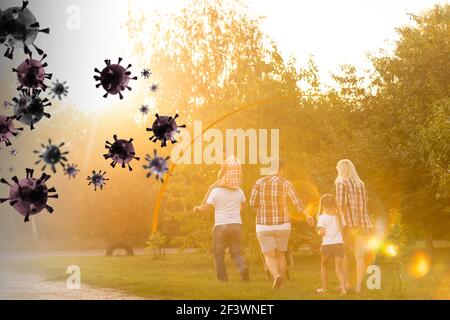 Starke Immunität - gesunde Familie. Glückliche Eltern mit Kindern vor Viren und Bakterien geschützt, Illustration Stockfoto