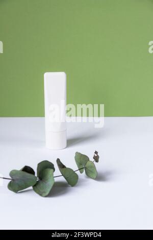 Weiße Creme-Tube ohne Marken und Eukalyptusblätter. Umweltfreundliche kosmetische Produkte Konzept. Grüner und weißer Hintergrund. Stockfoto