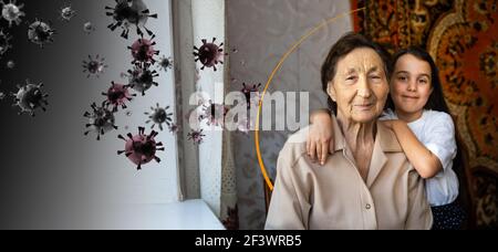 Großeltern mit Enkeltochter zusammen zu Hause. Quarantäne. Gesundheitskonzept. Corona Virus. Angriff von Bakterien, Illustration Stockfoto