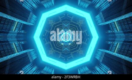 Blaue Neonbeleuchtung von futuristischen Tunnel 3D Illustration Stockfoto