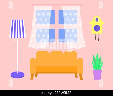 Wohnzimmer mit Sofa, Pflanze, Lampe und Uhr. Stock Vektor
