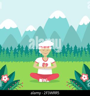 Ältere Frau, die Yoga in den Bergen praktiziert. Stock Vektor