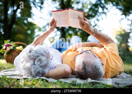 Reizendes Seniorenpaar, das sich im Park ausruhte und ein Buch las Stockfoto