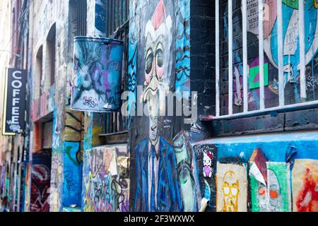 Hosier Lane Melbourne, Street Art und Graffiti in der berühmten Hosier Lane im Stadtzentrum von Melbourne, Victoria, Australien Stockfoto