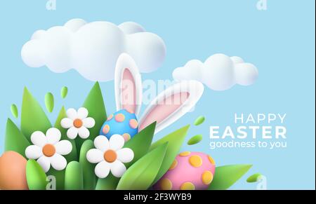 3D trendige realistische Ostern Grußkarte, Banner mit Blumen, Ostereier und Wolken. Frühling floral modern 3D Ostern Grafikkonzept. Vektor Stock Vektor