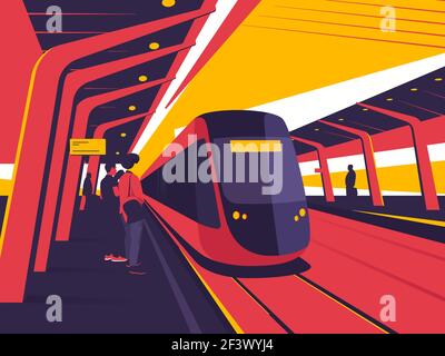 Auf einem Bahnsteig. Vektor-Illustration zum Thema Zug, Straßenbahn, U-Bahn-Fahrt Stock Vektor