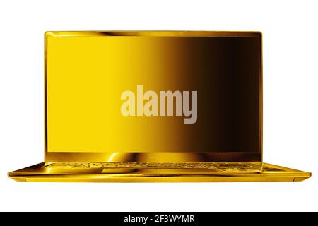 Goldener Laptop leerer Bildschirm weißer Hintergrund isolierte Nahaufnahme Vorderansicht, Goldmetall-Computer, offenes leeres Display, modernes Design, pc-Modell, Notizbuch Stockfoto
