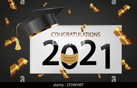 Abschluss der Klasse von 2021 mit fallenden glänzenden goldenen Konfetti. Graduierungskappe und Schriftzug mit goldfarbener OP-Maske. Stock Vektor