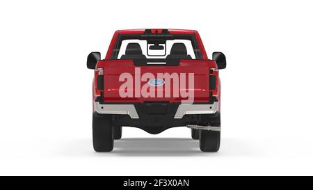 AUSTIN, USA - 05. Mär 2018: Rendering eines roten F-150 Ford LKW auf weißem Hintergrund. Ideal für Druck- oder Digitalgrafiken. Stockfoto