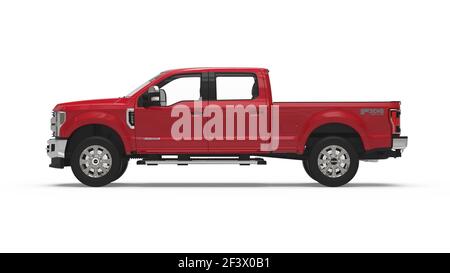 AUSTIN, USA - 05. Mär 2018: Rendering eines roten F-150 Ford LKW auf weißem Hintergrund. Ideal für Druck- oder Digitalgrafiken. Stockfoto