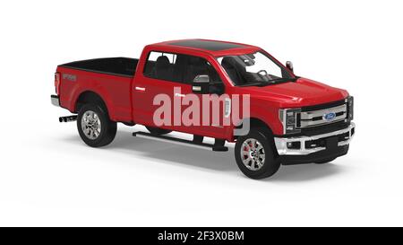 AUSTIN, USA - 05. Mär 2018: Rendering eines roten F-150 Ford LKW auf weißem Hintergrund. Ideal für Druck- oder Digitalgrafiken. Stockfoto