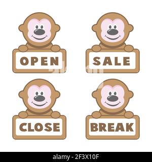 Offene und geschlossene Schilder, Affe. Vektorsymbole. Stock Vektor