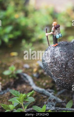 Lustiges Konzept der wilden Abenteuer, Miniatur-Wanderer-Modell auf einem Baum, tagsüber, Makro-Aufnahme Stockfoto