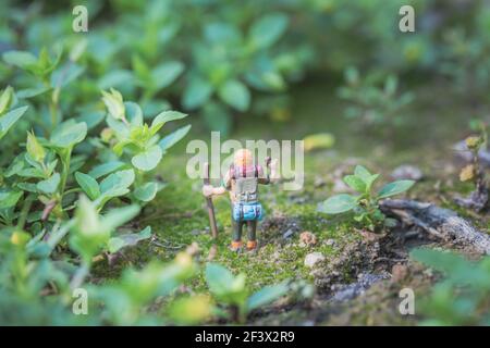 Konzept des Waldabenteuers. Miniatur-Backpacker-Modell in Gras, Outdoor, Makroaufnahme Stockfoto