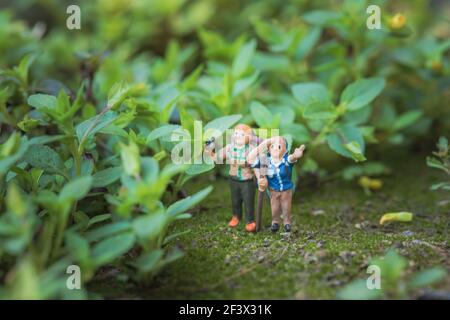 Konzept des Waldabenteuers. Miniatur-Backpacker-Modell in Gras, Outdoor, Makroaufnahme Stockfoto