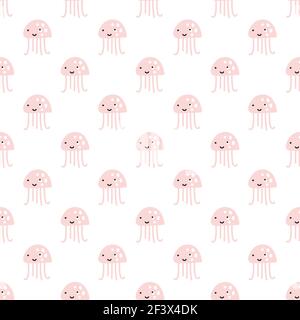 Rosa Krake auf weißem Muster Hintergrund. Niedliche Oktopus Nahtloses Muster. Meeresleben und Tiere Konzept. Seeungeheuer, Unterwasser-Raubtier Stock Vektor