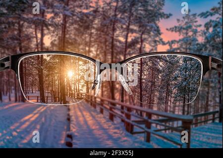 Sonnenuntergang in Waldlandschaft im Brillengestell für Frauen fokussiert. Blick durch Brillen. Besseres Sichtkonzept. Farbenfrohe Sicht auf die Sonnenuntergangslandschaft im Glas Stockfoto