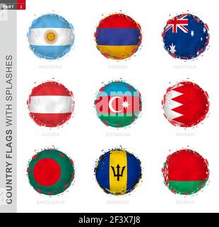 Fahnensammlung, runde Grunge-Flagge mit Spritzern. 9 Vektorflaggen: Argentinien, Armenien, Australien, Österreich, Aserbaidschan, Bahrain, Bangladesch, Barbados, B Stock Vektor