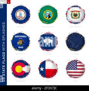 US State Flag Kollektion, runde Grunge Flagge mit Spritzern. 9 Vektorflaggen: Virginia, Washington, West Virginia, Wisconsin, Wyoming, Alaska, Colorado, Stock Vektor