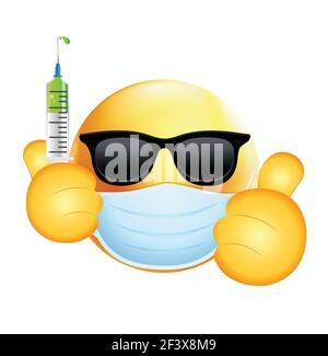 Hochwertiges Emoticon auf weißem Hintergrund. Sonnenglas Emoji mit Impfstoffspritze. Gesicht mit medizinischer Maske und covid Impfstoff Emoji. Emoji maskieren. Stock Vektor
