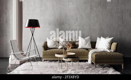 Moderne Wohnzimmereinrichtung mit weißem Teppich und leerer Betonwand 3D Rendering, 3D Illustration Stockfoto