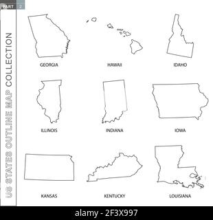 Übersichtskarten der Sammlung der US-Staaten, neun schwarz linierte Vektorkarten von Georgia, Hawaii, Idaho, Illinois, Indiana, Iowa, Kansas, Kentucky, Louisiana Stock Vektor