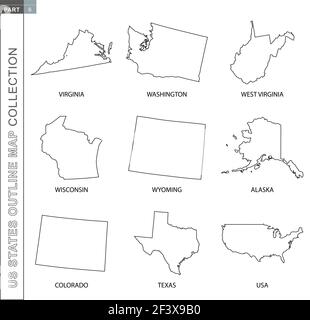 Übersichtskarten der Sammlung der US-Bundesstaaten, neun schwarz linierte Vektorkarten von Virginia, Washington, West Virginia, Wisconsin, Wyoming, Alaska, Colorado, Texas, Stock Vektor