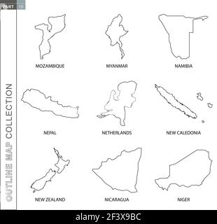 Übersicht Karten Sammlung, neun schwarz linierte Vektor-Karte von Mosambik, Myanmar, Namibia, Nepal, Niederlande, Neukaledonien, Neuseeland, Nicaragua, Niger Stock Vektor