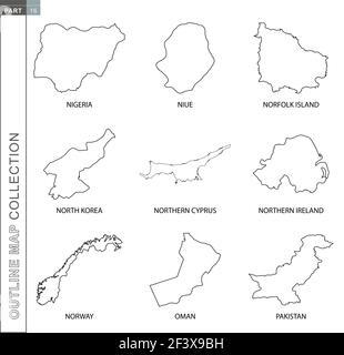 Übersicht Karten Sammlung, neun schwarz linierte Vektor-Karte von Nigeria, Niue, Norfolk Island, Nordkorea, Nordzypern, Nordirland, Norwegen, Oman, P Stock Vektor