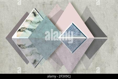 3D geometrische Illustration, rosa, dunkelgrau und Marmor Dreiecke mit Reflexion auf grauem texturierten Hintergrund Stockfoto
