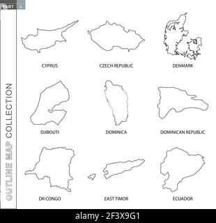 Übersicht Karten Sammlung, neun schwarz linierte Vektor-Karte von Zypern, Tschechische Republik, Dänemark, Dschibuti, Dominica, Dominikanische Republik, DR Kongo, Osttimor, Stock Vektor