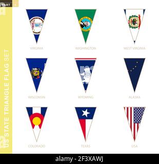 Dreieck USA Staaten Flaggenset, stilisierte Staatsflaggen von Virginia, Washington, West Virginia, Wisconsin, Wyoming, Alaska, Colorado, Texas, USA Stock Vektor