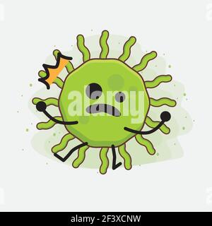 Vektor-Illustration von Virus-Charakter mit niedlichen Gesicht, einfache Hände und Bein Linie Kunst auf isolierten Hintergrund. Flache Cartoon Doodle Stil. Stock Vektor